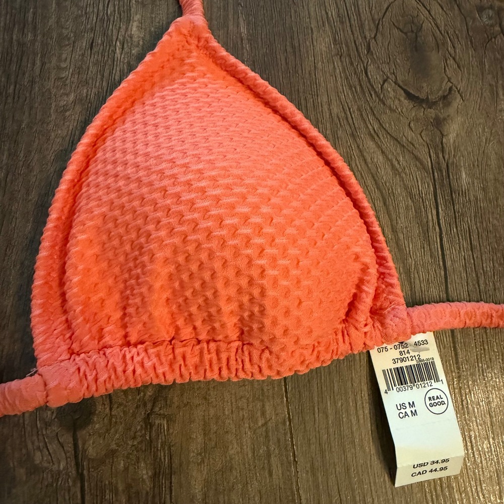 Aerie Triangle Bikini Top Womens Medium Coral Orange Textured Waffle Halter Swim - Picture 3 of 10